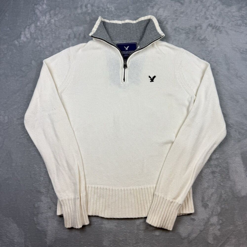 Y2K American Eagle Quarter Zip Sweater Mens Medium Cream Gray Mock Neck Pullover